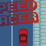 Červené auto na ceste s nápisom SPEED RACER v pixelovanej štylizácii