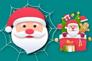 Kreslený Santa Claus na pavučine vedľa dekorácií vianočných darčekov, perníka a zvončeka
