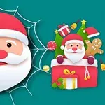 Kreslený Santa Claus na pavučine vedľa dekorácií vianočných darčekov, perníka a zvončeka