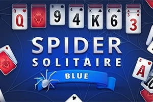Herné karty na modrom pozadí s nápisom Spider Solitaire Blue a pavúkom