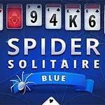 Herné karty na modrom pozadí s nápisom Spider Solitaire Blue a pavúkom