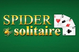 Nápis Spider Solitaire so zlatým písmom, pavúkom a tromi hracími kartami na zelenom pozadí