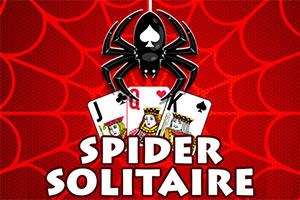 Čierny pavúk nad dvoma hracími kartami s červeným pozadím a výrazným textom Spider Solitaire