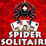 Čierny pavúk nad dvoma hracími kartami s červeným pozadím a výrazným textom Spider Solitaire