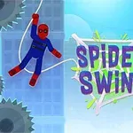 Postavička v červeno-modrom obleku hojda sa na lane medzi budovami s pílami v pozadí a textom Spidey Swing