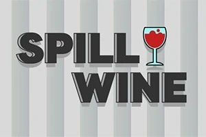 Text SPILL WINE s pohárom vína namiesto písmena I na pásikavom pozadí