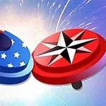 Dva farebné kotúče, jeden s motívom americkej vlajky a druhý s červenou hviezdou, na pozadí s efektom výbuchu