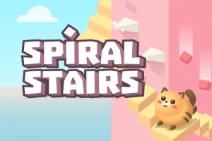 Nad nápisom Spiral Stairs sedí rozkošná kreslená mačka na špirálových schodoch pri ružovej stene s kockami a oblakmi v pozadí