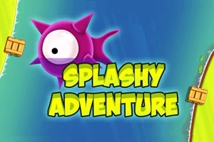 Fialový jednooký tvor na modro-zelenom pozadí s nápisom Splashy Adventure