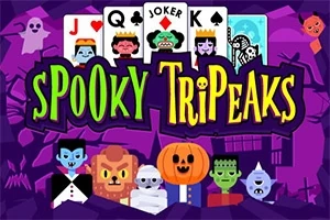 Fialové pozadie s kartami, strašidelnými postavami vrátane upíra, múmie a tekvicovej hlavy, a farebným nápisom Spooky TriPeaks