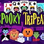 Fialové pozadie s kartami, strašidelnými postavami vrátane upíra, múmie a tekvicovej hlavy, a farebným nápisom Spooky TriPeaks