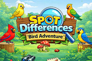 Farebný kreslený plagát s tropickými vtákmi, lupou, drevenou tabuľou a nápisom „Spot Differences Bird Adventure v lesnej krajine