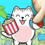 Biely kreslený mačka s ružovým bruchom drží popcorn a plážovú loptu, okolo sú ďalšie mačky na pláži a nad ním veľký ukazujúci prst
