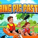 Dve osoby v oranžovom kajaku s veslami na rieke v prírode s nápisom SPRING PIC PASTING nad nimi