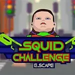Dievča s výrazným účesom a červeným golierom stojí v strede, zatiaľ čo pred ňou je nápis Squid Challenge s dvoma zelenými pištoľami po stranách, na pozadí je rozmazané mestské prostredie so semaformi