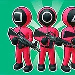 Traja kreslení postavičky v ružových uniformách a maskách s tvarmi trojuholníka, kruhu a štvorca, držia zbrane na zelenom pozadí