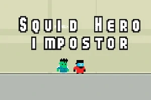 Dve pixelované postavičky, jedna zelená a druhá červená, s nápisom Squid Hero Impostor nad nimi