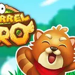 Ilustrácia s veselým červeným pandou a názvom Squirrel Hero na farebnom pozadí s trávou a oblohou