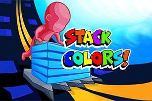 Červená postava tlačí modré bloky na tmavej ceste s farebným nápisom Stack Colors!