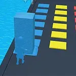Červená postava tlačí modré bloky na tmavej ceste s farebným nápisom Stack Colors!