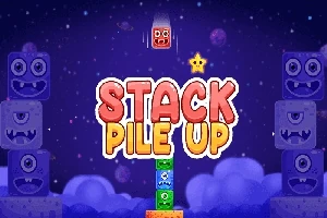 Farebný nápis „STACK PILE UP“ s animovanými kockami na tmavej hviezdnej oblohe
