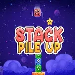 Farebný nápis „STACK PILE UP“ s animovanými kockami na tmavej hviezdnej oblohe