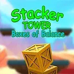 Drevené debny na farebnom pozadí s textom Stacker Tower Boxes of Balance