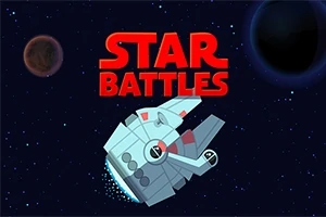 Kozmická loď vo vesmíre s nápisom Star Battles na tmavomodrom pozadí s dvoma planétami