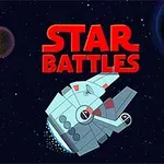 Kozmická loď vo vesmíre s nápisom Star Battles na tmavomodrom pozadí s dvoma planétami