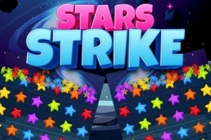 Farebné hviezdy usporiadané v radoch s nápisom STARS STRIKE v popredí na vesmírnom pozadí