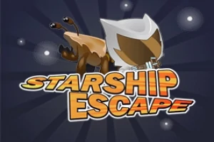 Postava s helmou a nápis Starship Escape na tmavom pozadí s bodovými svetlami