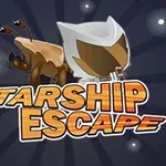 Postava s helmou a nápis Starship Escape na tmavom pozadí s bodovými svetlami