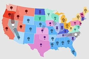 Mapa USA s farebne odlíšenými štátmi vrátane ikon a čísel v rámci jednotlivých oblastí