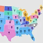 Mapa USA s farebne odlíšenými štátmi vrátane ikon a čísel v rámci jednotlivých oblastí