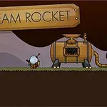 Parná raketa s drobnou postavičkou a nápisom