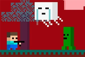 Pixelová grafika s postavičkou držiacou zbraň, lietajúcim bielym štvorcom s tvárou a zeleným stvorením na červenom pozadí