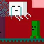 Pixelová grafika s postavičkou držiacou zbraň, lietajúcim bielym štvorcom s tvárou a zeleným stvorením na červenom pozadí
