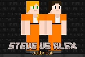Dve pixelové postavy v oranžových väzenských uniformách na tmavom pozadí s nápisom STEVE VS ALEX Jailbreak