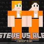 Dve pixelové postavy v oranžových väzenských uniformách na tmavom pozadí s nápisom STEVE VS ALEX Jailbreak