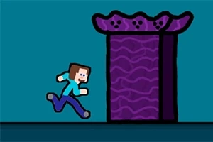 Postava v modrom oblečení beží smerom k fialovým dverám s vlnitým vzorom