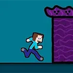Postava v modrom oblečení beží smerom k fialovým dverám s vlnitým vzorom