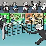 Dvaja kreslení panáčikovia hrajú bedminton na ihrisku s farebnými transparentmi a publikom v pozadí