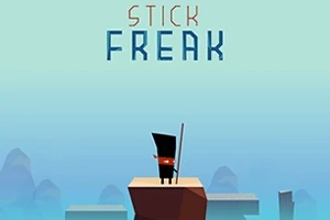 Postavička s palicou stojaca na plošine s nápisom „Stick Freak“ v pozadí