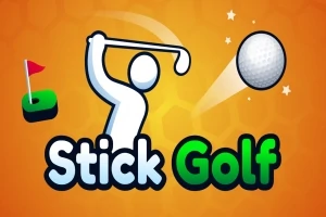 Biely siluetový golfista odpaluje loptičku smerom k jamke s červenou vlajkou na oranžovom pozadí