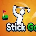 Biely siluetový golfista odpaluje loptičku smerom k jamke s červenou vlajkou na oranžovom pozadí