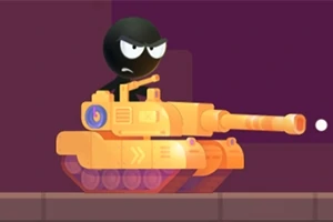 Čierna postava so zamračeným výrazom riadi oranžový tank na fialovom pozadí