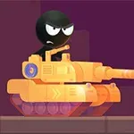 Čierna postava so zamračeným výrazom riadi oranžový tank na fialovom pozadí