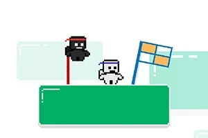 Dvaja pixelovaní ninja postavičky na zelenom bloku s modrou vlajkou v pozadí