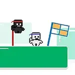 Dvaja pixelovaní ninja postavičky na zelenom bloku s modrou vlajkou v pozadí