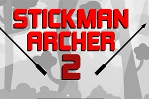 Červený nápis Stickman Archer 2 s dvoma šípkami na pozadí stromov v odtieňoch sivej